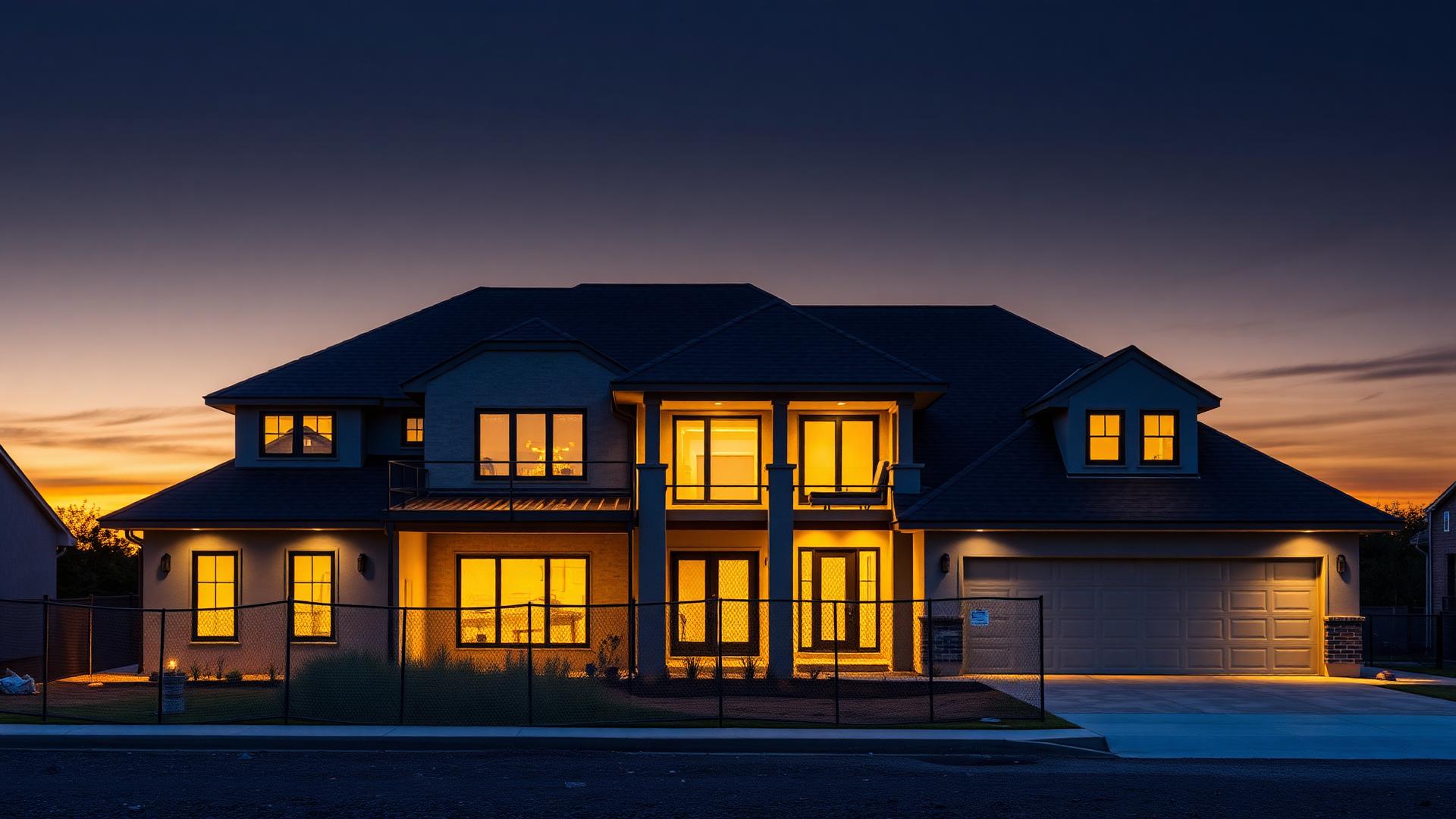Luxury Houston home built by Valencia Premier Construction at dusk